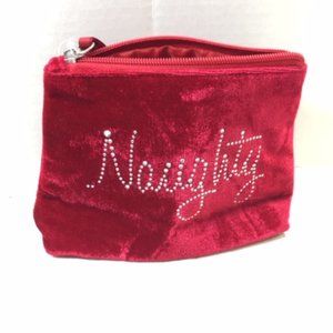 Naughty Nice Red Velour Rhinestones Makeup Cosmetic Zip Bag Christmas 7x2x5"